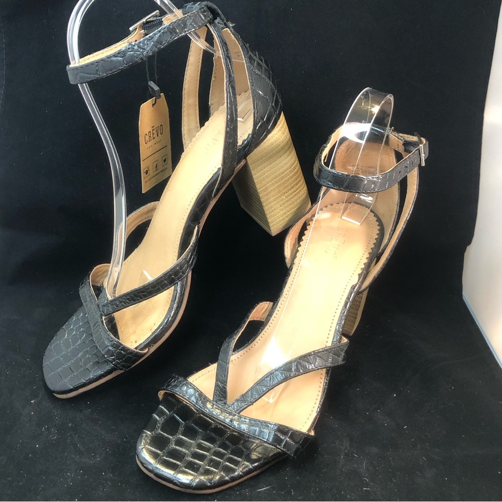 Crevo Black Croc-Embossed Block Heel Sandals with Natural Wood Heel